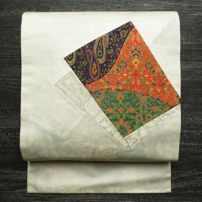 名古屋帯 太鼓柄 良品 切嵌 正絹 幾何学柄・抽象柄 名古屋仕立て 白