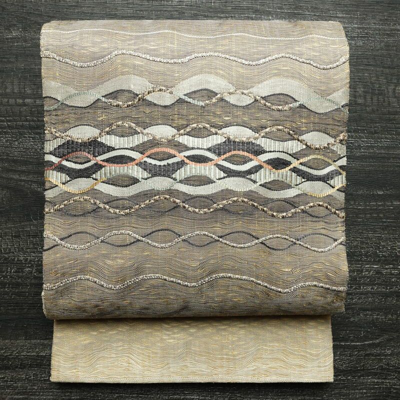 袋帯 すくい織 太鼓柄 美品 一般用 正絹 流水・波柄 ベージュ_画像1