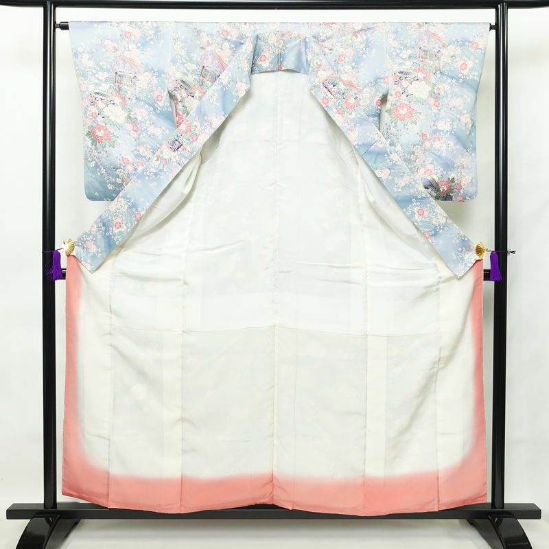 小紋 正絹 花柄 袷仕立て 身丈157.5cm 裄丈65.5cm 金彩 青・紺_画像3