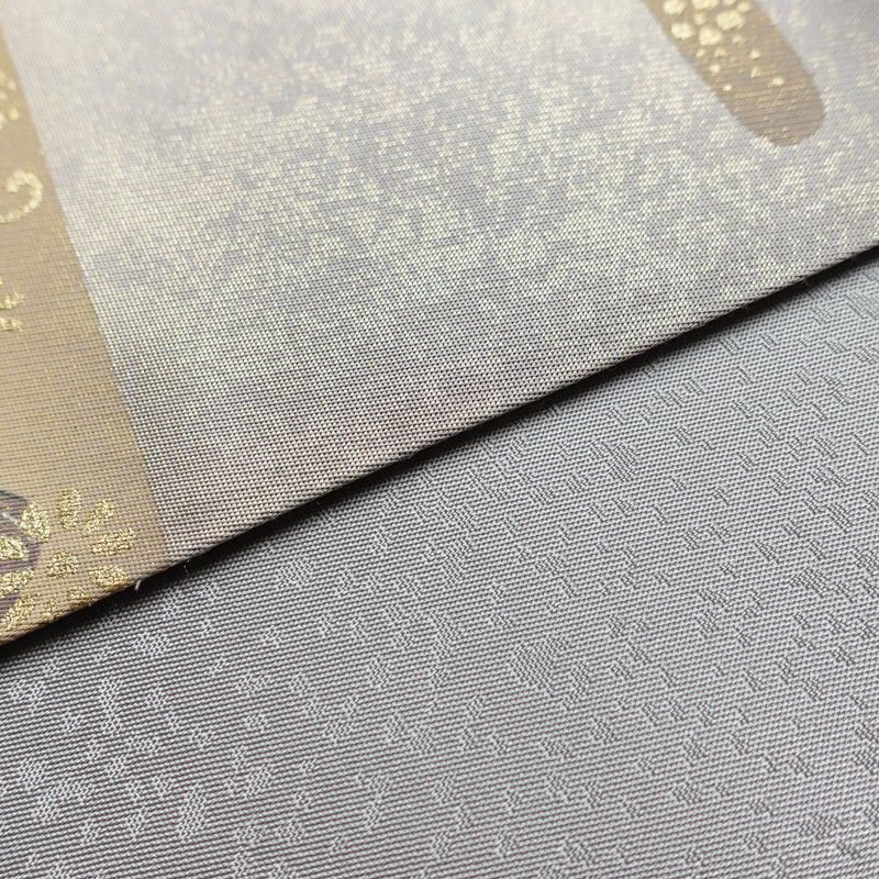 袋帯 樽本伊勢蔵 能面 檜扇 太鼓柄 美品 落款入り 正絹 人物・動物柄 箔 紫・藤色_画像9