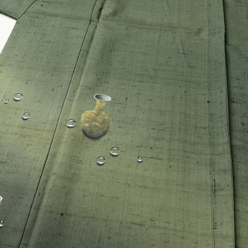 付け下げ 紬地 落款入り しつけ糸付き 正絹 その他の柄 袷仕立て 身丈166cm 裄丈70cm 箔 緑・うぐいす色_画像5