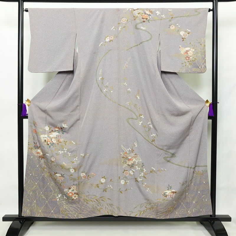 訪問着 縮緬 一つ紋付き 正絹 古典柄 袷仕立て 身丈158cm 裄丈66cm 箔 共八掛 金彩 紫・藤色_画像1