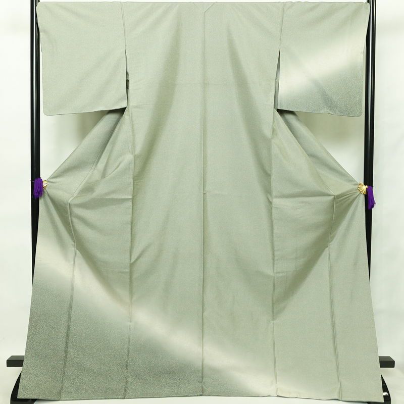 付け下げ 美品 しつけ糸付き 紬地 正絹 その他の柄 袷仕立て 身丈173.5cm 裄丈70cm 緑・うぐいす色_画像1