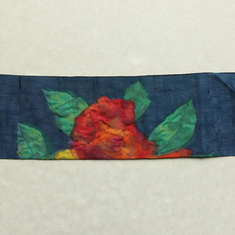 名古屋帯 ふくれ織 六通柄 良品 正絹 花柄 名古屋仕立て 青・紺_画像12
