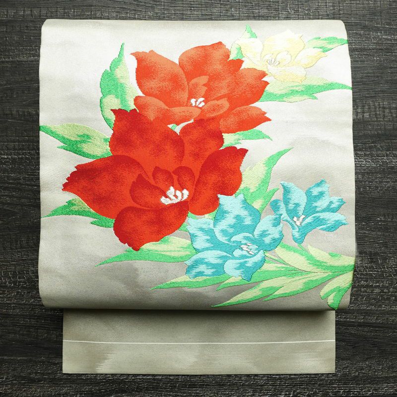 名古屋帯 太鼓柄 正絹 花柄 名古屋仕立て 刺繍 白_画像1