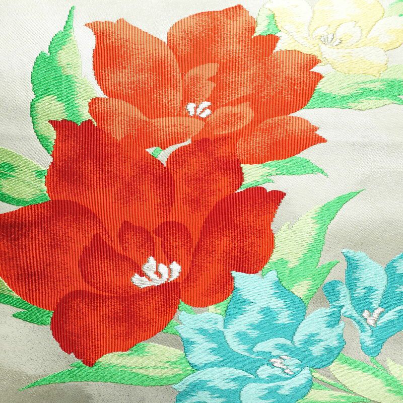 名古屋帯 太鼓柄 正絹 花柄 名古屋仕立て 刺繍 白_画像2