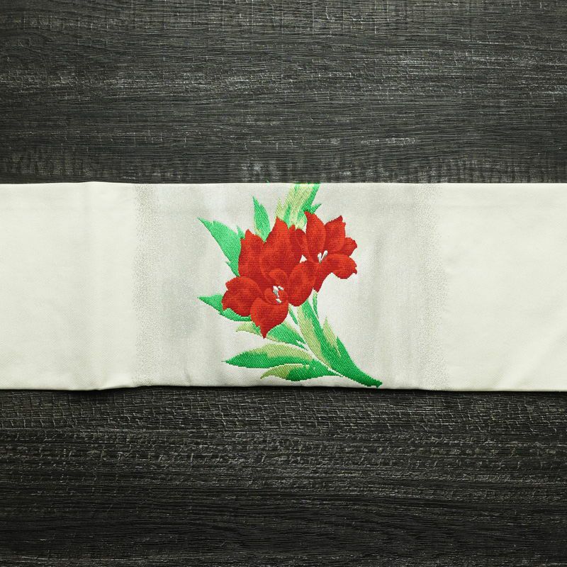 名古屋帯 太鼓柄 正絹 花柄 名古屋仕立て 刺繍 白_画像15