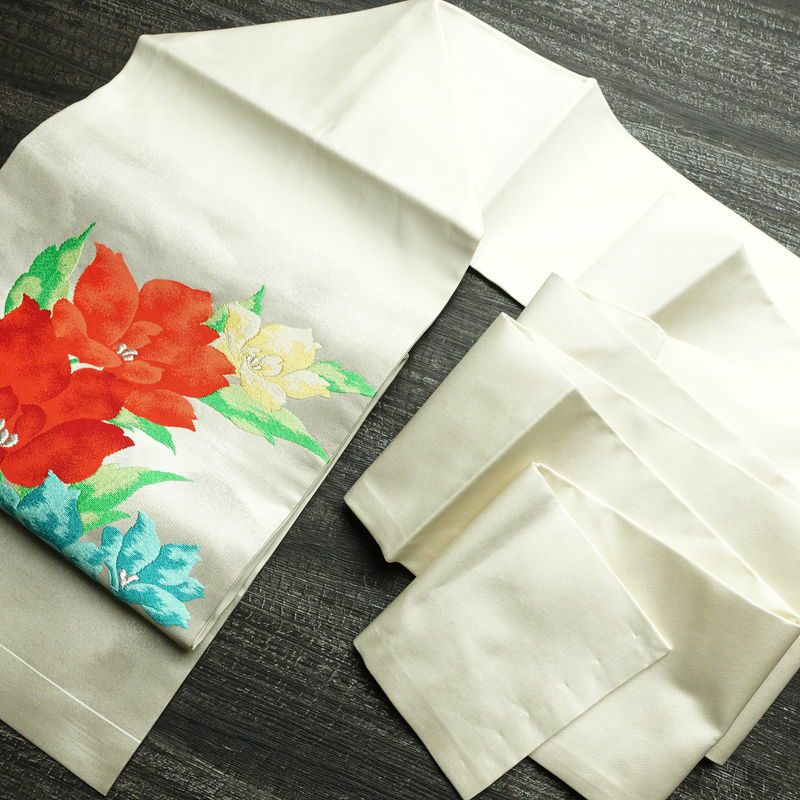 名古屋帯 太鼓柄 正絹 花柄 名古屋仕立て 刺繍 白_画像17
