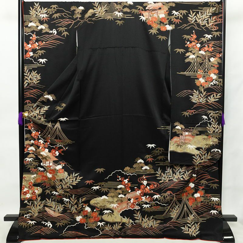 振袖 良品 金駒刺繍 正絹 風景柄 袷仕立て 身丈172cm 裄丈71cm 箔 金彩 モダン 成人式 黒_画像1