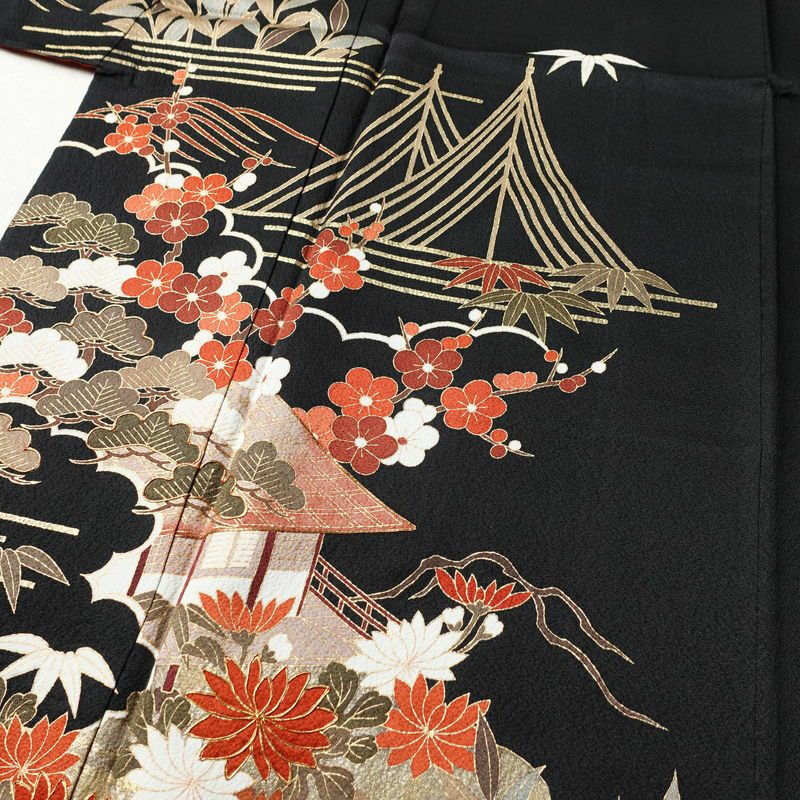 振袖 良品 金駒刺繍 正絹 風景柄 袷仕立て 身丈172cm 裄丈71cm 箔 金彩 モダン 成人式 黒_画像5