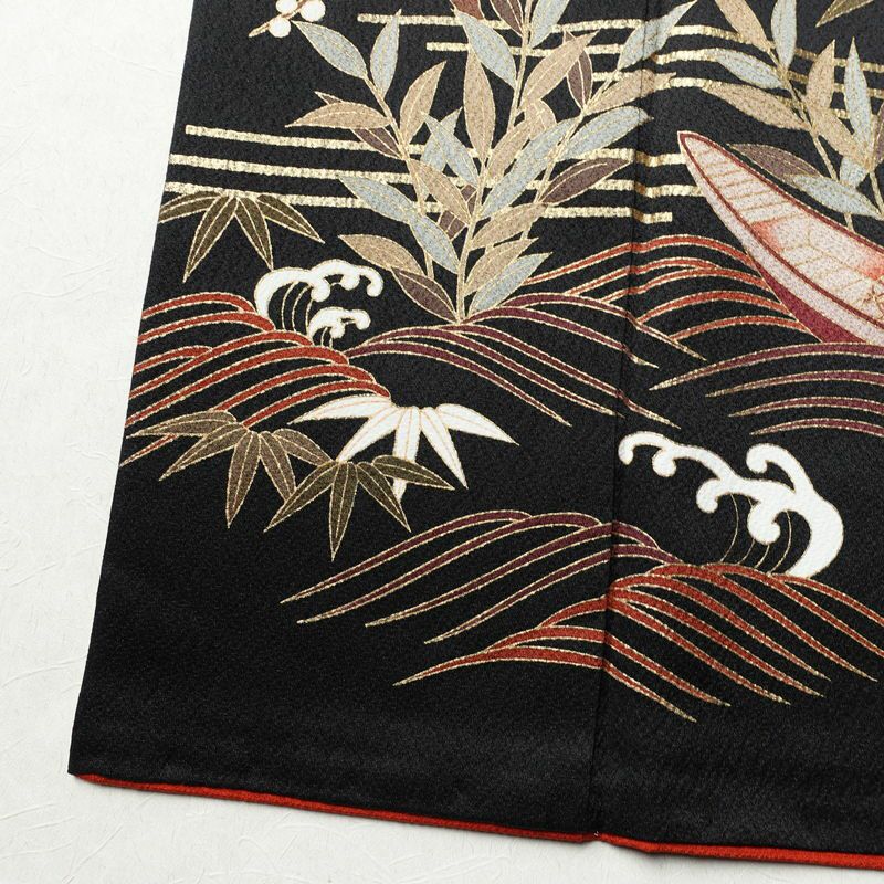 振袖 良品 金駒刺繍 正絹 風景柄 袷仕立て 身丈172cm 裄丈71cm 箔 金彩 モダン 成人式 黒_画像10