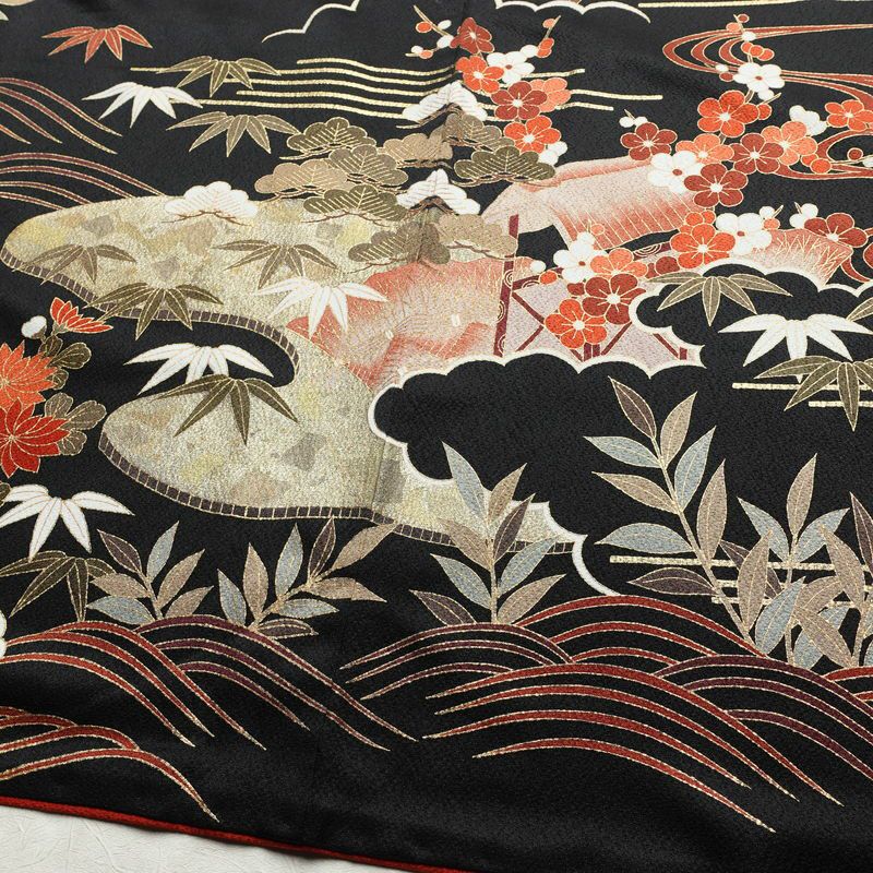 振袖 良品 金駒刺繍 正絹 風景柄 袷仕立て 身丈172cm 裄丈71cm 箔 金彩 モダン 成人式 黒_画像11