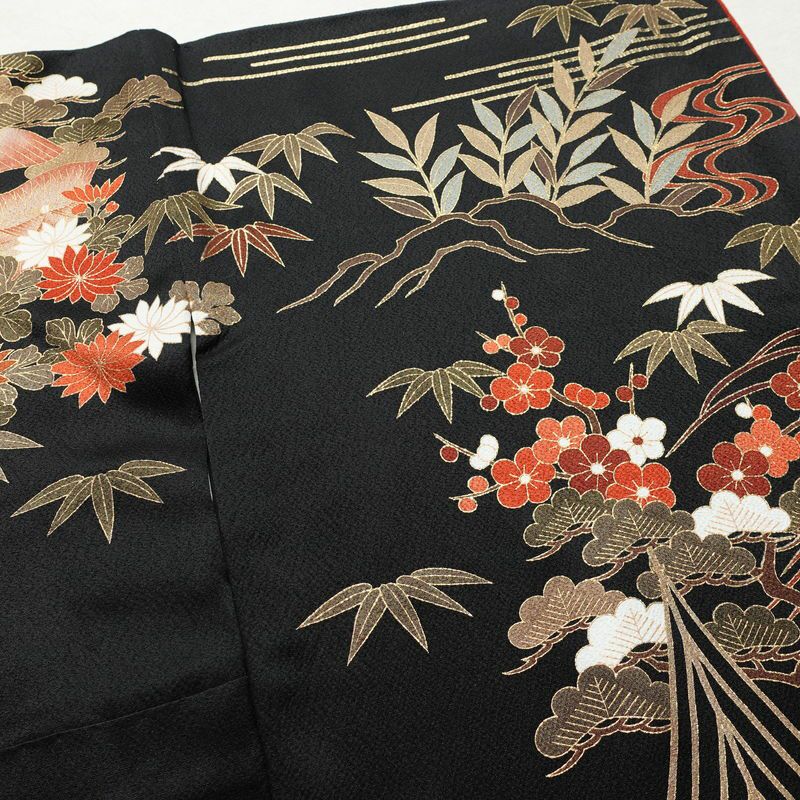 振袖 良品 金駒刺繍 正絹 風景柄 袷仕立て 身丈172cm 裄丈71cm 箔 金彩 モダン 成人式 黒_画像12