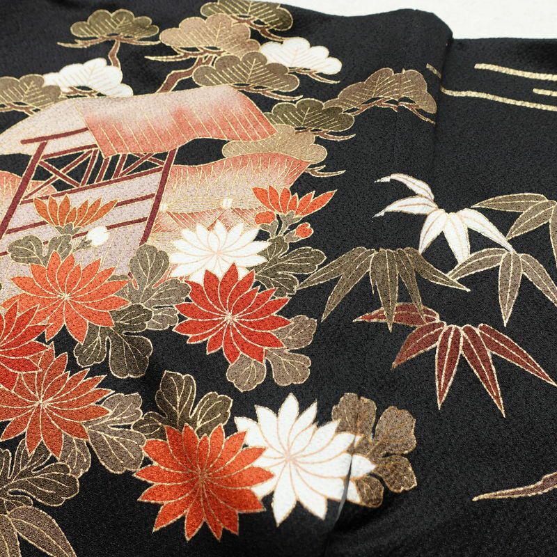 振袖 良品 金駒刺繍 正絹 風景柄 袷仕立て 身丈172cm 裄丈71cm 箔 金彩 モダン 成人式 黒_画像14
