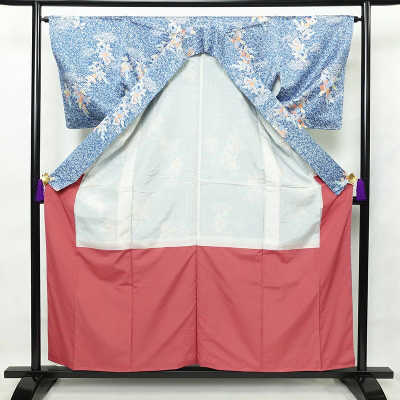 小紋 しつけ糸付き ポリエステル 花柄 袷仕立て 身丈157.5cm 裄丈65cm 青・紺_画像3