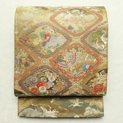 袋帯 琳派瑞祥錦 本金箔つづれ 六通柄 フォーマル用 正絹 古典柄 箔 金糸 帯 緑・うぐいす色