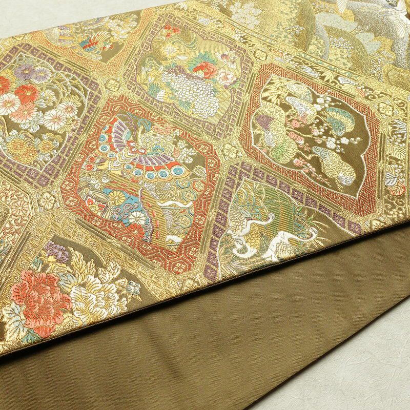 袋帯 琳派瑞祥錦 本金箔つづれ 六通柄 フォーマル用 正絹 古典柄 箔 金糸 帯 緑・うぐいす色_画像8