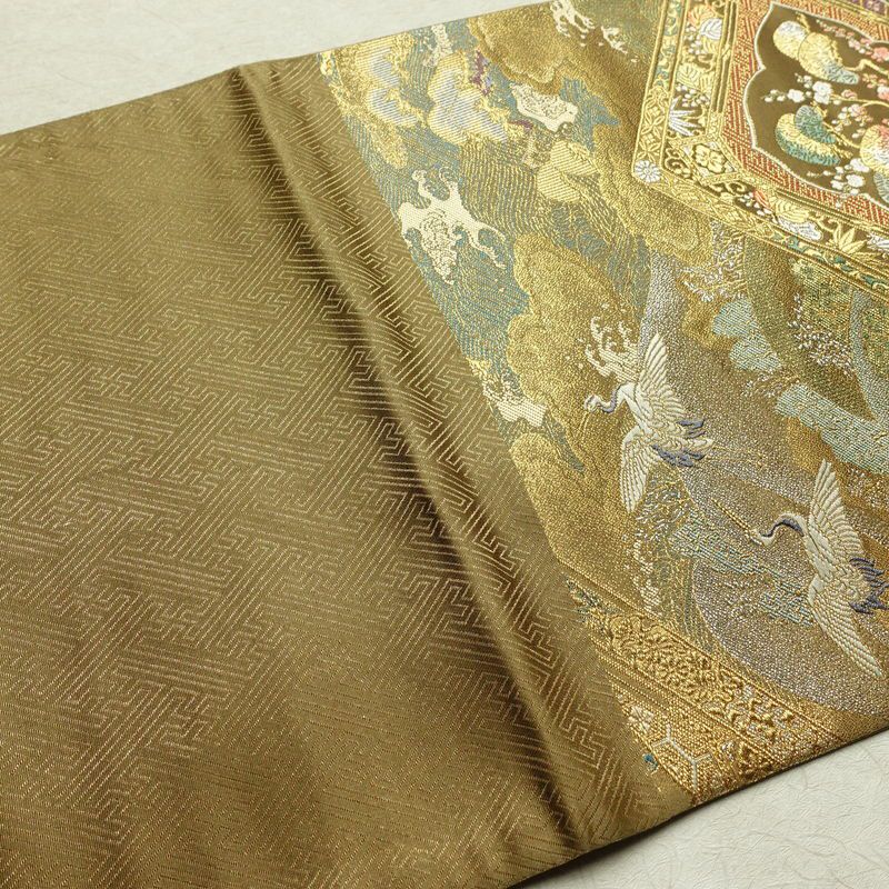 袋帯 琳派瑞祥錦 本金箔つづれ 六通柄 フォーマル用 正絹 古典柄 箔 金糸 帯 緑・うぐいす色_画像12