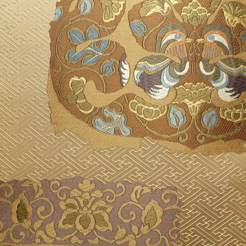 袋帯 六通柄 良品 一般用 正絹 幾何学柄・抽象柄 金糸 帯 黄・黄土色_画像2