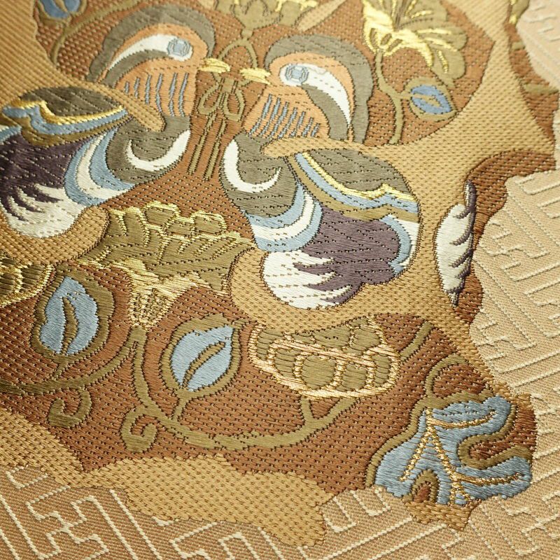 袋帯 六通柄 良品 一般用 正絹 幾何学柄・抽象柄 金糸 帯 黄・黄土色_画像3