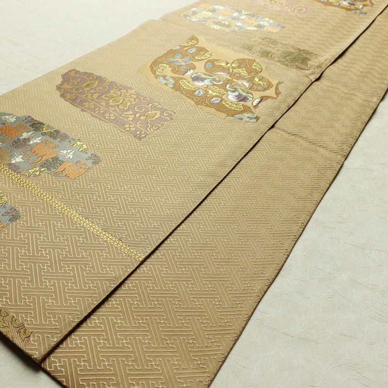 袋帯 六通柄 良品 一般用 正絹 幾何学柄・抽象柄 金糸 帯 黄・黄土色_画像8