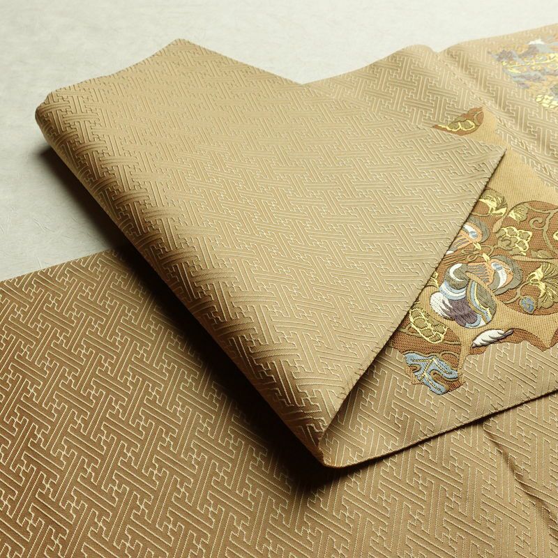 袋帯 六通柄 良品 一般用 正絹 幾何学柄・抽象柄 金糸 帯 黄・黄土色_画像9