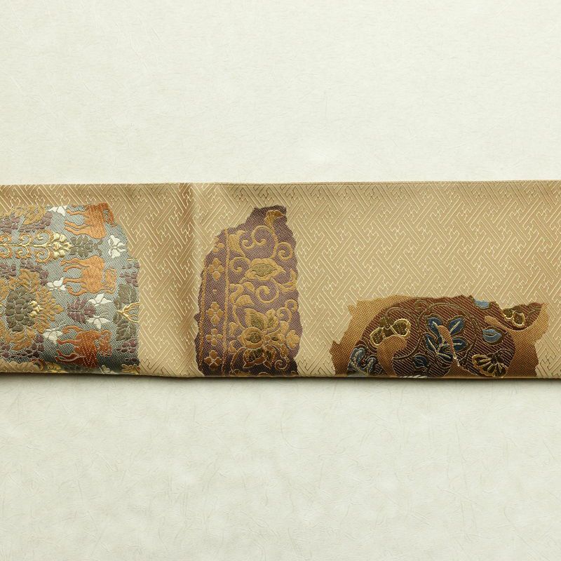 袋帯 六通柄 良品 一般用 正絹 幾何学柄・抽象柄 金糸 帯 黄・黄土色_画像14