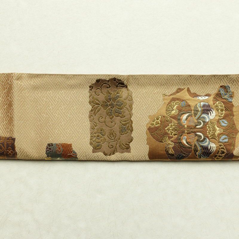 袋帯 六通柄 良品 一般用 正絹 幾何学柄・抽象柄 金糸 帯 黄・黄土色_画像15