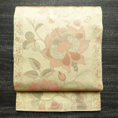 袋帯 全通柄 フォーマル用 正絹 花柄 箔 金糸 帯 クリーム