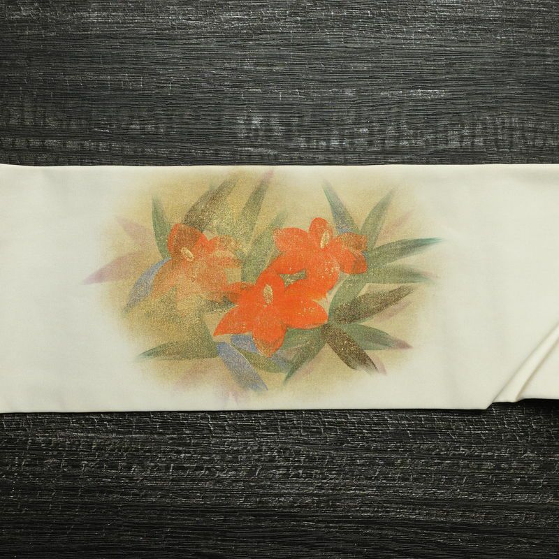 名古屋帯 太鼓柄 正絹 花柄 名古屋仕立て 箔 帯 クリーム_画像12