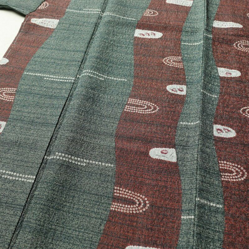 小紋 しつけ糸付き ポリエステル 古典柄 袷仕立て 身丈161.5cm 裄丈65cm 着物 緑・うぐいす色_画像5