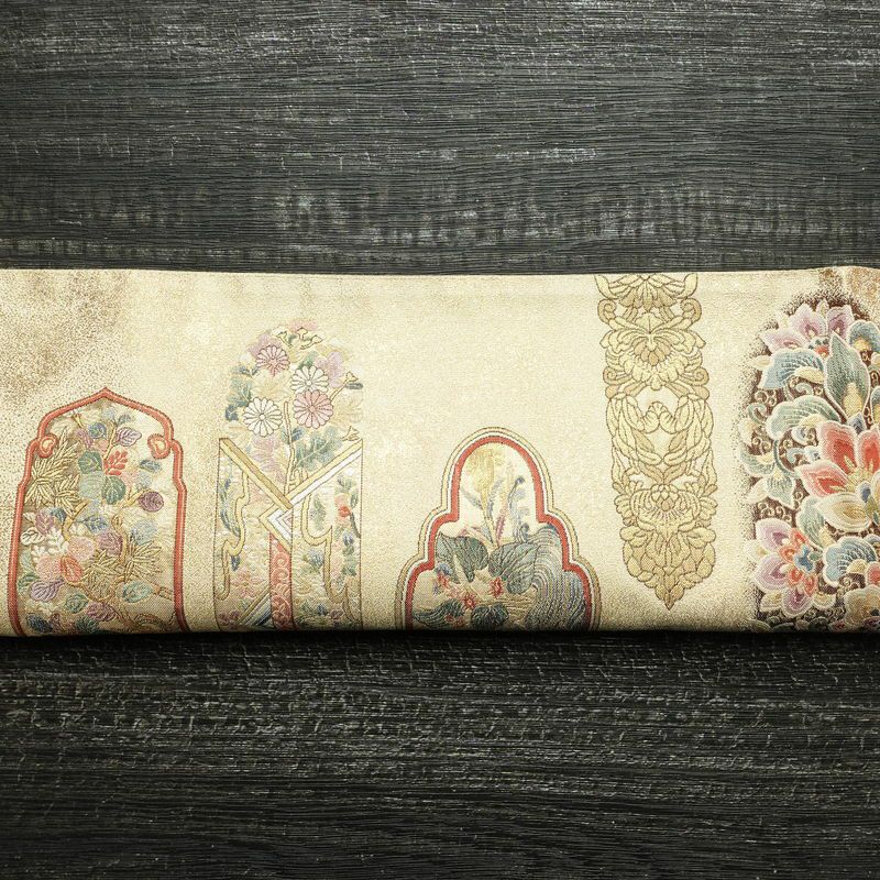 袋帯 六通柄 良品 フォーマル用 正絹 幾何学柄・抽象柄 箔 金糸 京の国宝 帯 クリーム_画像14