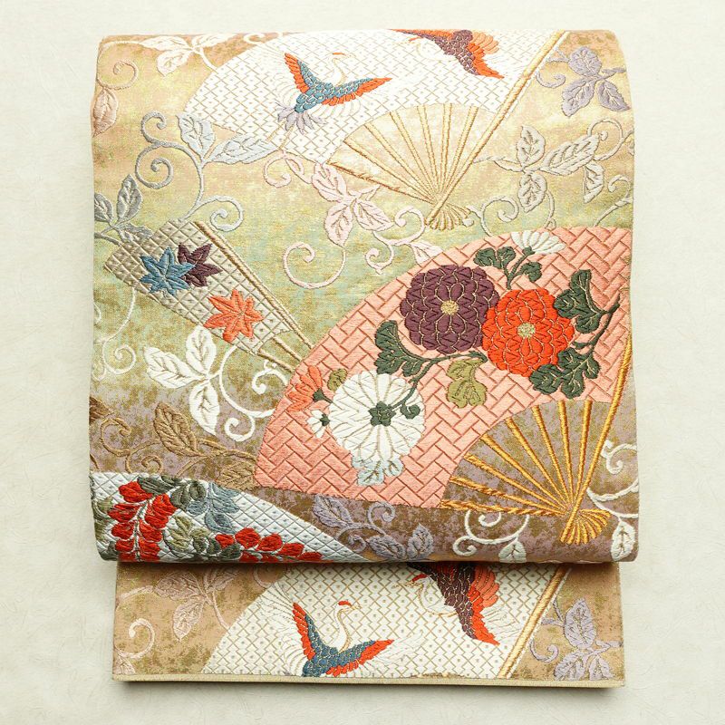 袋帯 六通柄 良品 フォーマル用 正絹 古典柄 箔 刺繍 金糸 帯 扇子 鶴  