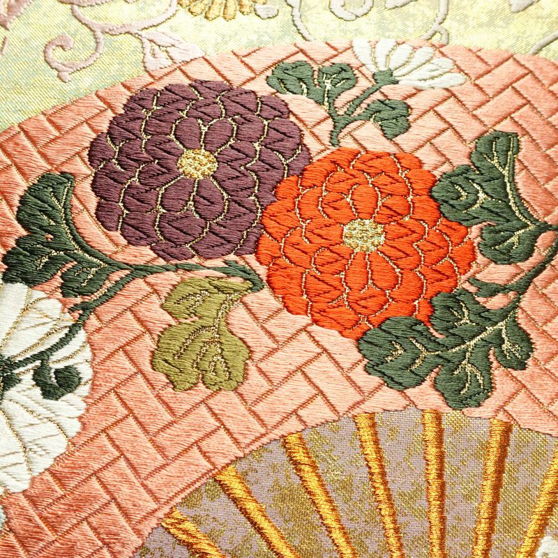 袋帯 六通柄 良品 フォーマル用 正絹 古典柄 箔 刺繍 金糸 帯 扇子 鶴 菊 多色使い_画像3
