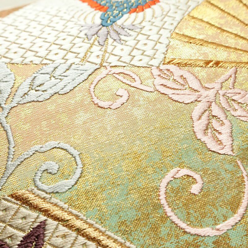 袋帯 六通柄 良品 フォーマル用 正絹 古典柄 箔 刺繍 金糸 帯 扇子 鶴 菊 多色使い_画像5