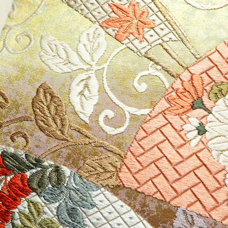 袋帯 六通柄 良品 フォーマル用 正絹 古典柄 箔 刺繍 金糸 帯 扇子 鶴 菊 多色使い_画像6