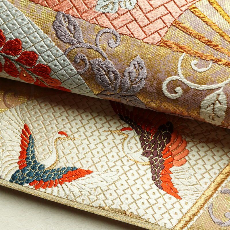 袋帯 六通柄 良品 フォーマル用 正絹 古典柄 箔 刺繍 金糸 帯 扇子 鶴 菊 多色使い_画像7