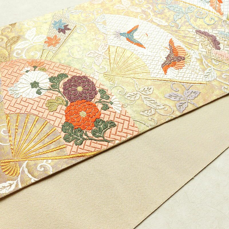 袋帯 六通柄 良品 フォーマル用 正絹 古典柄 箔 刺繍 金糸 帯 扇子 鶴 菊 多色使い_画像11