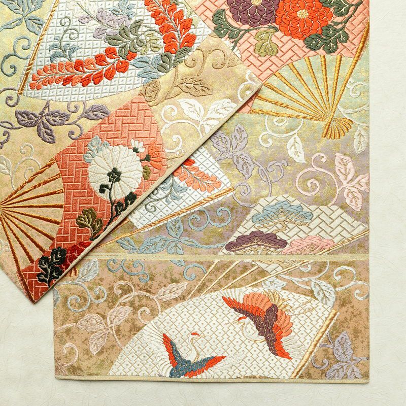 袋帯 六通柄 良品 フォーマル用 正絹 古典柄 箔 刺繍 金糸 帯 扇子 鶴 菊 多色使い_画像13