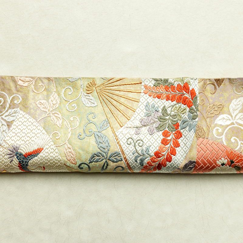 袋帯 六通柄 良品 フォーマル用 正絹 古典柄 箔 刺繍 金糸 帯 扇子 鶴 菊 多色使い_画像14