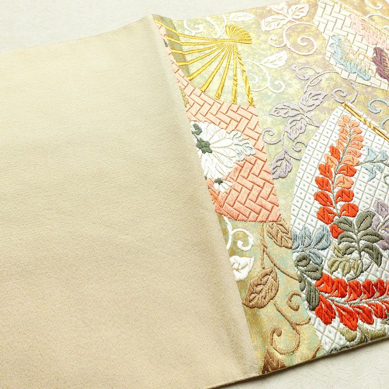 袋帯 六通柄 良品 フォーマル用 正絹 古典柄 箔 刺繍 金糸 帯 扇子 鶴 菊 多色使い_画像16