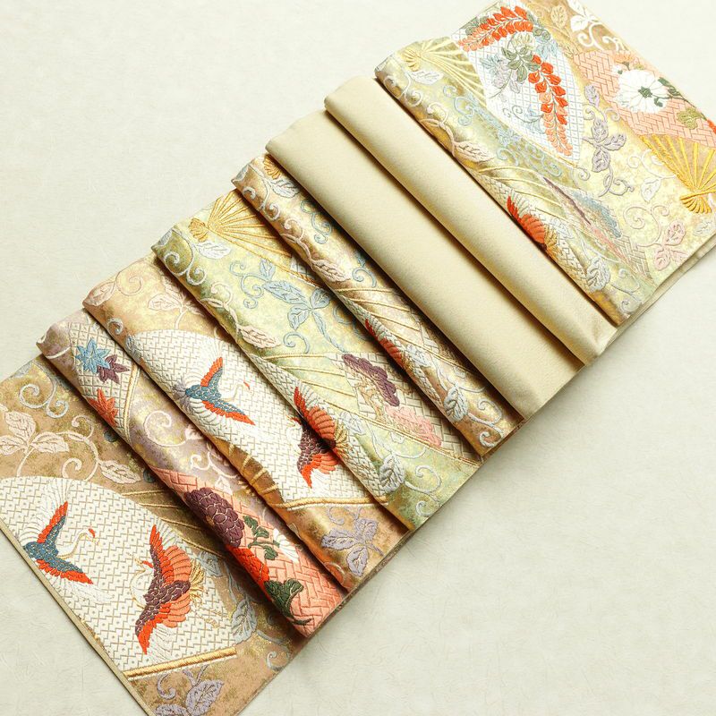 袋帯 六通柄 良品 フォーマル用 正絹 古典柄 箔 刺繍 金糸 帯 扇子 鶴 菊 多色使い_画像18