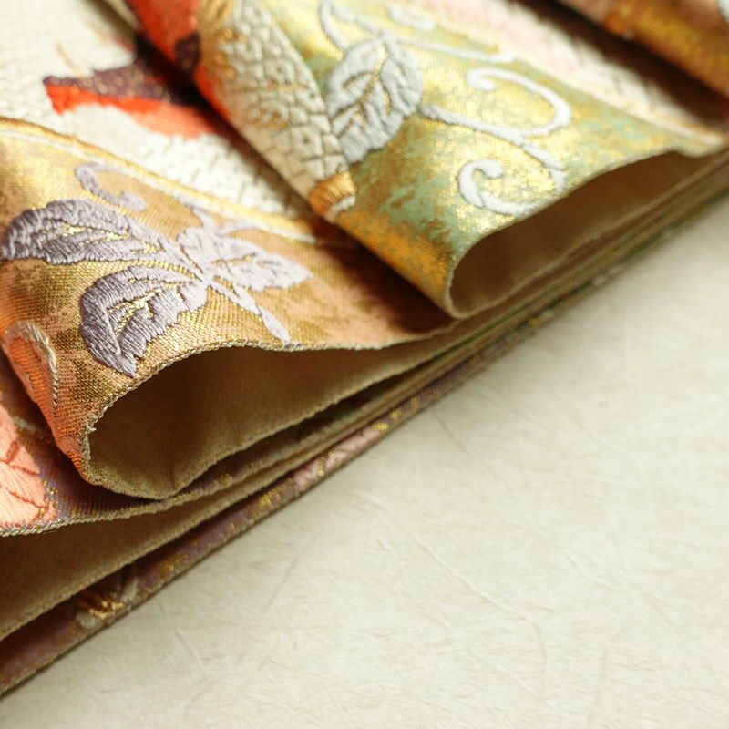 袋帯 六通柄 良品 フォーマル用 正絹 古典柄 箔 刺繍 金糸 帯 扇子 鶴 菊 多色使い_画像20