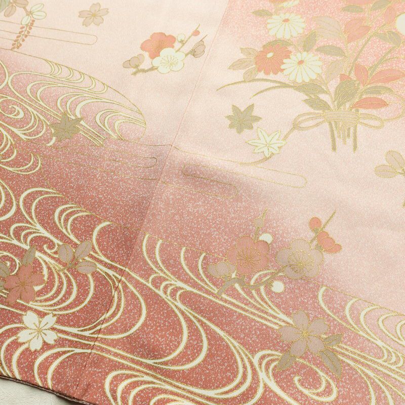 訪問着 良品 縮緬 正絹 古典柄 袷仕立て 身丈164cm 裄丈64.5cm 箔 金彩 フォーマル 着物 ピンク_画像10