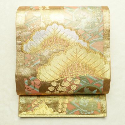 袋帯 本金二重箔 扇面花鳥 文六通柄 良品 フォーマル用 正絹 古典柄 箔