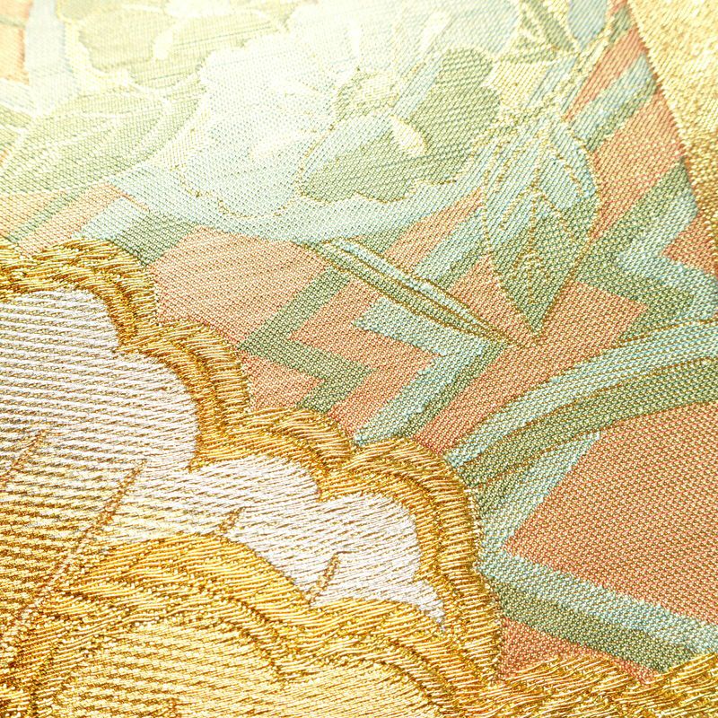 袋帯 六通柄 良品 正絹 木の葉・植物柄 箔 金糸 松 藤 蝶 帯 金・銀_画像4