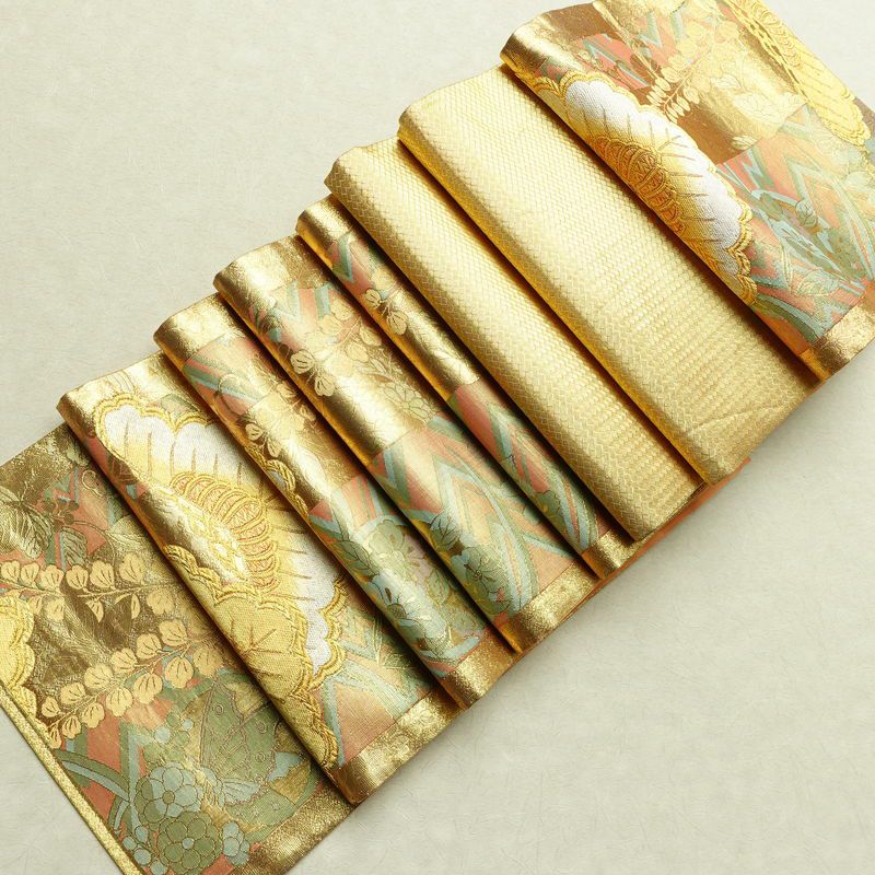袋帯 六通柄 良品 正絹 木の葉・植物柄 箔 金糸 松 藤 蝶 帯 金・銀_画像18