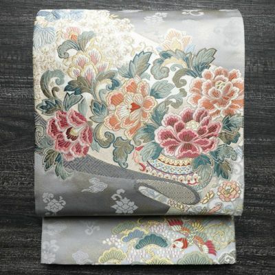 袋帯 西域錦繍文 六通柄 良品 フォーマル用 正絹 花柄 金通し 金糸 帯 牡丹鼠色 紫・藤色