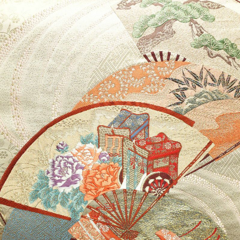 袋帯 詠歌清泉文 六通柄 フォーマル用 正絹 古典柄 箔 帯 クリーム_画像2