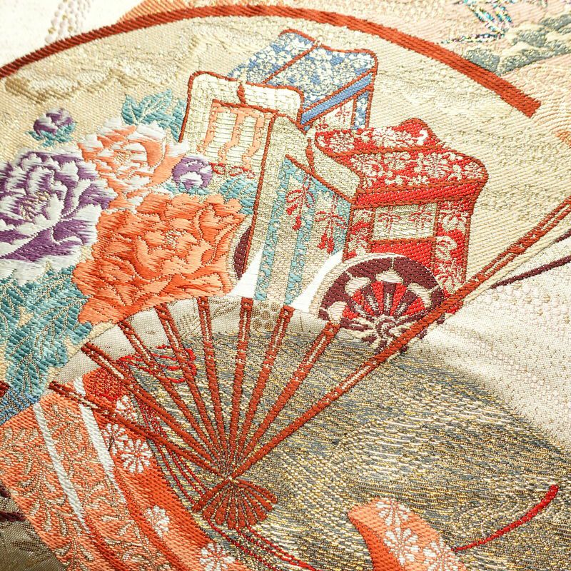 袋帯 詠歌清泉文 六通柄 フォーマル用 正絹 古典柄 箔 帯 クリーム_画像3